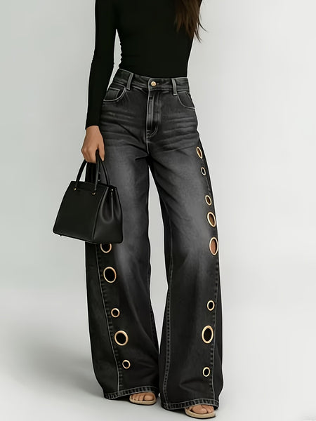 New Retro Style Denim Jeans for Women, with Metal Eyelets Designed for Casual And Loose Fit, High Waisted And Wide Leg Jeans, Street Cool Women'S Clothing, Black Retro Blue Light Blue Women'S Straight Leg Denim Pants