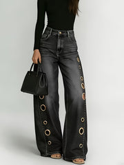 New Retro Style Denim Jeans for Women, with Metal Eyelets Designed for Casual And Loose Fit, High Waisted And Wide Leg Jeans, Street Cool Women'S Clothing, Black Retro Blue Light Blue Women'S Straight Leg Denim Pants
