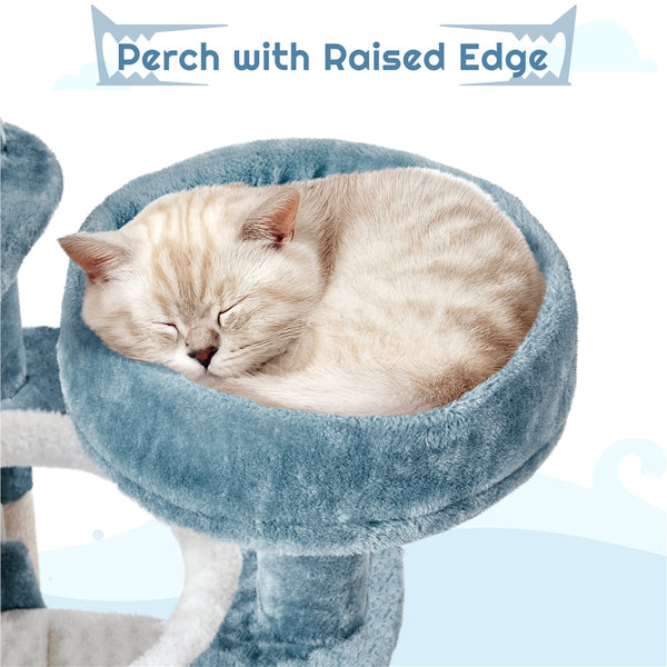 115cm Cat Tree, Tall Ocean-themed Cat Tree, Multi-Level Cat Climbing Tree, Plush Cat Tower with 3 Sisal Scratching Posts, Round Entrance, 3 Perches, Hammock, Cat Tower for Small- to Medium-sized Cats Blue / White