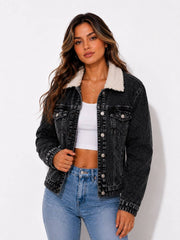Women'S Black Denim Jacket with Sherpa Collar, Fleece Lined Jean Trucker Jacket, Warm Button Up Long Sleeve Winter Coat, Casual Vintage Denim Outerwear with Pockets