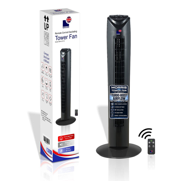 Morris Tower Fan 32 Inch Bladeless Design 3 Speeds Oscillating Remote Control Quiet 45dB for Bedroom Office 7.5H Timer