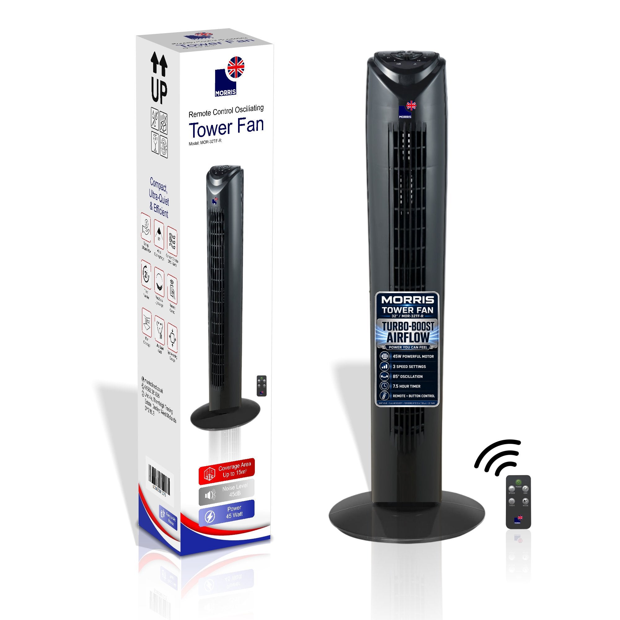 Morris Tower Fan 32 Inch Bladeless Design 3 Speeds Oscillating Remote Control Quiet 45dB for Bedroom Office 7.5H Timer