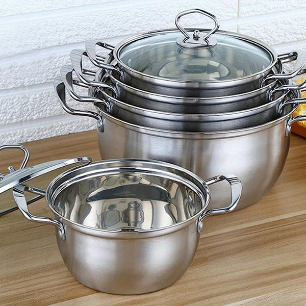 5pcs Stainless Steel Pot Professional Induction-Safe Stainless Steel Pot with Glass Lid Not-Sticky Hot Pot Double Ear Soup Pot for Most Hob Types