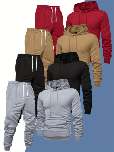 8pcs Men'S Hooded Sweatshirt + Sweatpants Autumn And Spring Casual Sports Suit Solid Color Plain Pullover Regular Long Sleeve Hoodie And Drawstring Elastic Waist Ribbed Ankle Pants