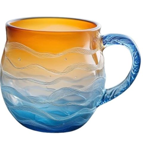 Sea Glass Wave Mug, 12oz Ocean Wave Glass Mug with Handle, Captivating Artistic Beach Sea Wave Coffee Cups Gift for Ocean Lovers, Drinking Coffee, Tea, Wine, Cocktails (Orange)