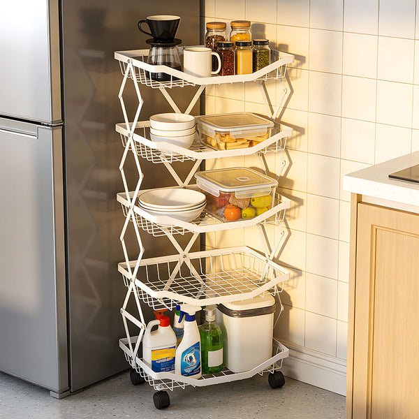 Foldable Kitchen Organizer Cart with 360° Rotating & Multi-Tier Shelves, Large Capacity Metal Vegetable Cart & Organiser - Portable, Space-Saving Storage for Pantry, Utility Room & Kitchen