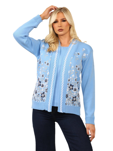 Ladies Twin Set Floral Sweater Womens Knitted Tank Top Cardigan Jumper