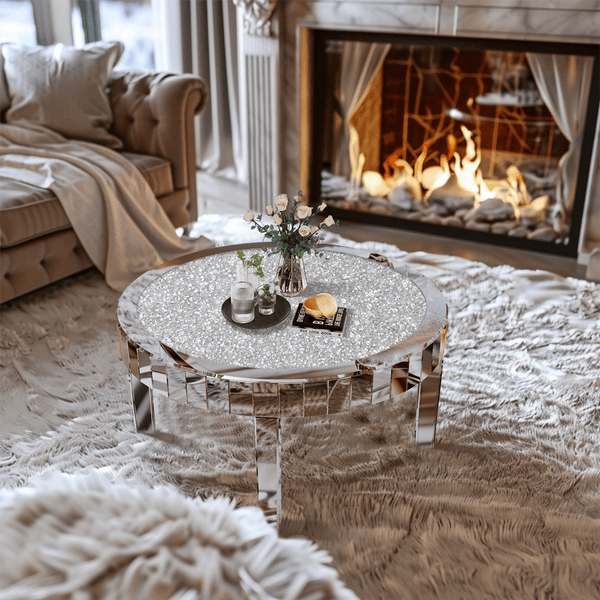 LUVODI Large Round Mirrored Coffee Table Beveled Bling Crushed Diamond End Table for Living Room, Bedroom, Office Decor