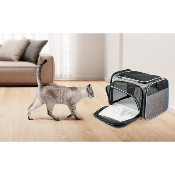 Expandable Soft Cat Carrier Bag – Airline Approved Pet Travel Bag with Mesh Windows, Shoulder Strap & Foldable Design for Cats and Small Dogs – Portable Pet Carrier for Airplane, Car, Vet & Home Use (Grey)