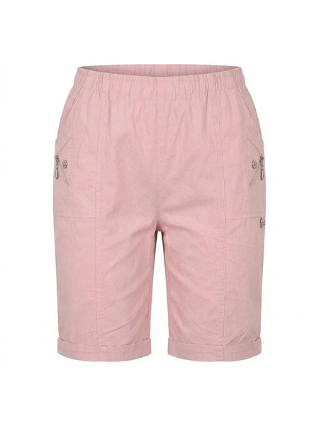 Women'S Casual Elastic Waist Cargo Shorts Lightweight Summer Knee Length Shorts, Multi Pocket Outdoor Walking Shorts Comfortable Relaxed Fit Shorts for Travel Holiday and Daily Wear Breathable Soft Fabric Pull On Shorts Practical Zip Pocket Design Versati