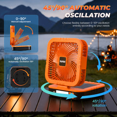 Portable Solar Camping Fan with LED Light, Rechargeable Outdoor Tent Fan, 4 Wind Speeds, Adjustable Brightness, Oscillating Fan with USB Power Bank Function, Type-C Charging