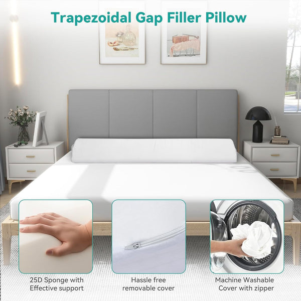 Full/Queen Size Bed Wedge Mattress Gap Filler Headboard Pillow to Fill the Gap Between Headboard and Mattress Supportive Foam Wedge with Washable Cover and Side Pocket