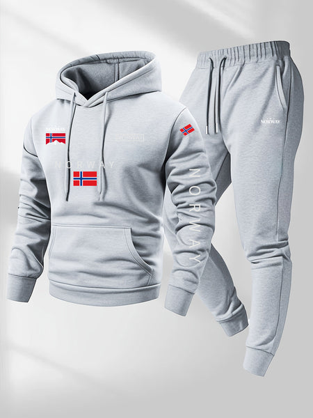 2pcs Cartoon NORWAY Letter Drawstring Hoodie and Sports Trousers Set | Casual Hooded, Slight Stretch Fabric, Patterned, Loose Fit for Men, Ideal for Fall/Winter