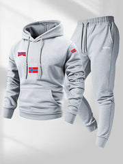 2pcs Cartoon NORWAY Letter Drawstring Hoodie and Sports Trousers Set | Casual Hooded, Slight Stretch Fabric, Patterned, Loose Fit for Men, Ideal for Fall/Winter
