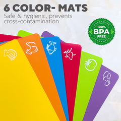 7 in 1 Large Bamboo Chopping Board Set with 6 Color-Coded Flexible Plastic Chopping Mats, Wooden Kitchen Cutting Boards with Food Icons, Non-Toxic & Dishwasher Safe
