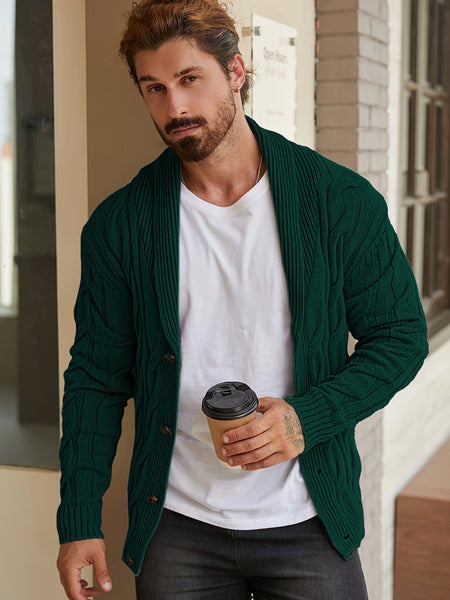 Men'S Solid Cable Knit Cardigan Fall Winter Button-Up Knit Coat
