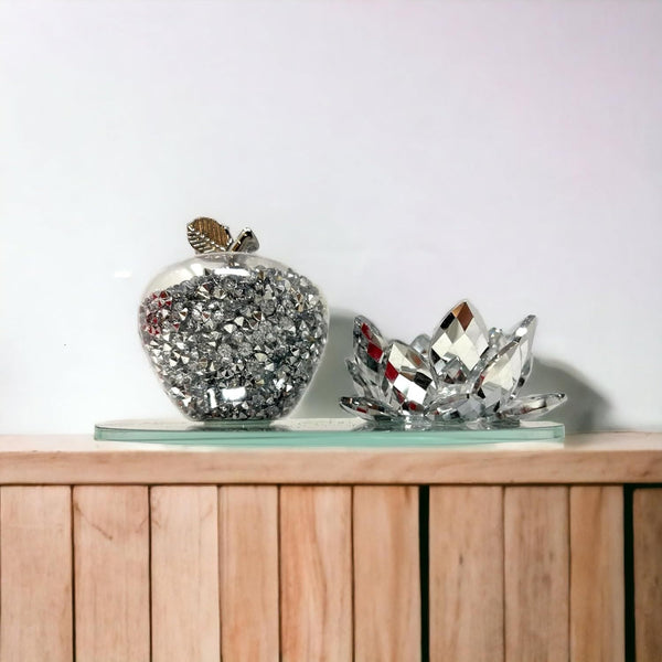 Amazing Gift Silver Sparkle Glass Ornament Bling Crushed Diamond Crystal Filled Apple Shape Tealight Candle Holder