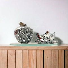Amazing Gift Silver Sparkle Glass Ornament Bling Crushed Diamond Crystal Filled Apple Shape Tealight Candle Holder