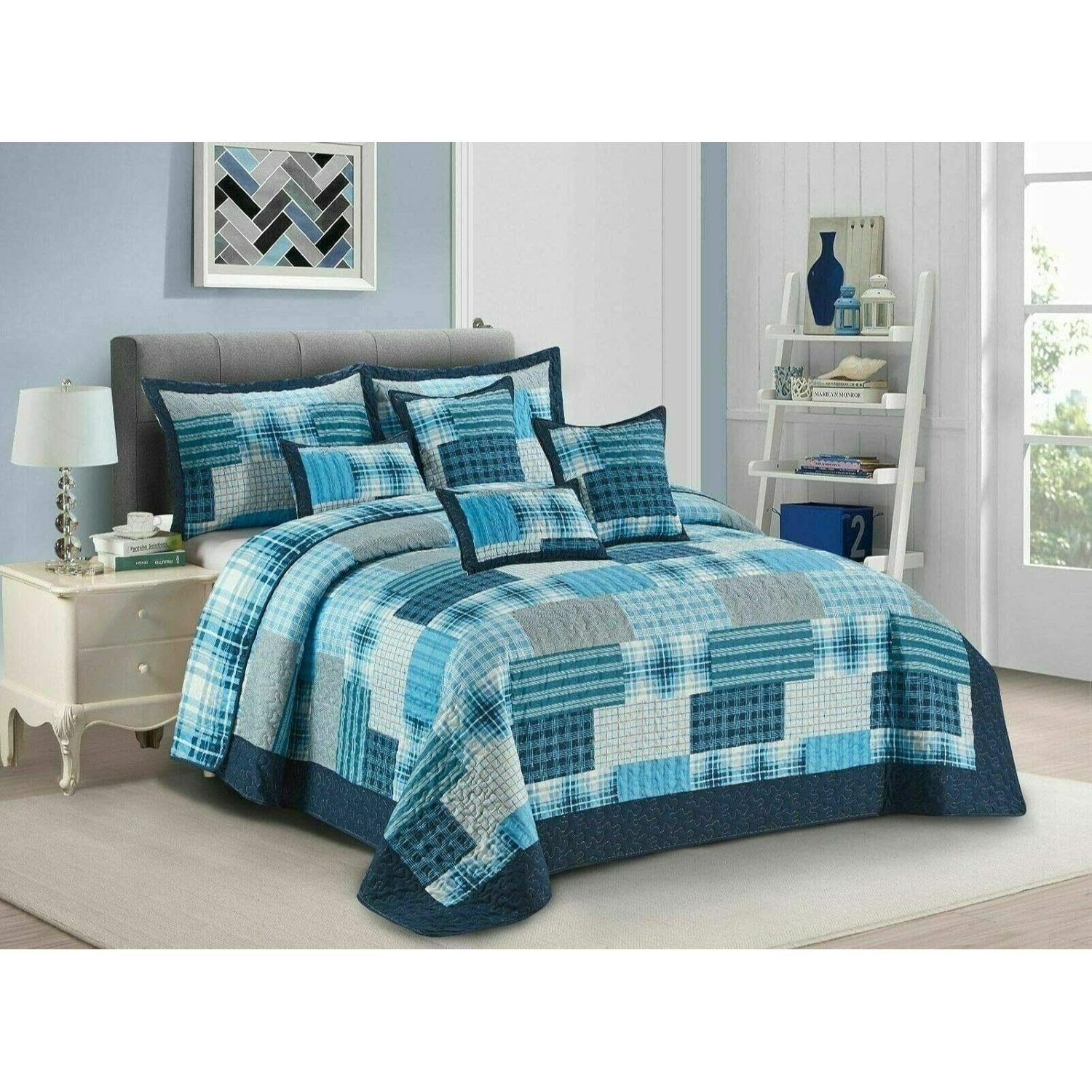 Reversible Patchwork Quilted Bedspread Set – Denim Blue Design, Soft Microfibre Cover with Cotton Filling & Matching Pillowcase (s)