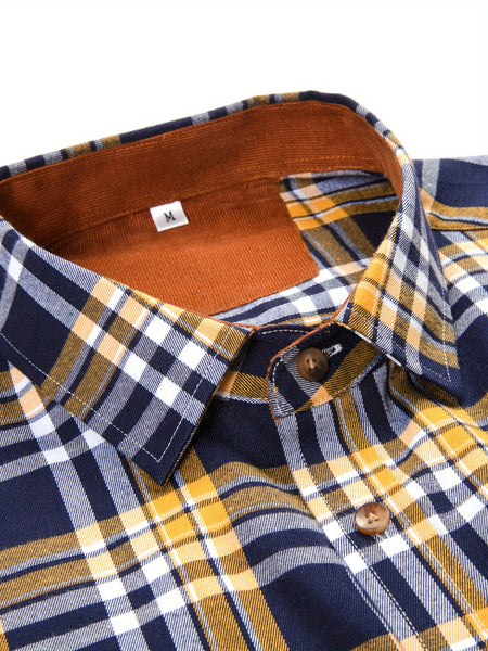 New  Brushed Plaid Flannel Men's Long Sleeve Shirt, Two-Tone Design, Thickened Autumn Casual Shirt for Men's Daily Vacation Streetwear, Comfortable Fit