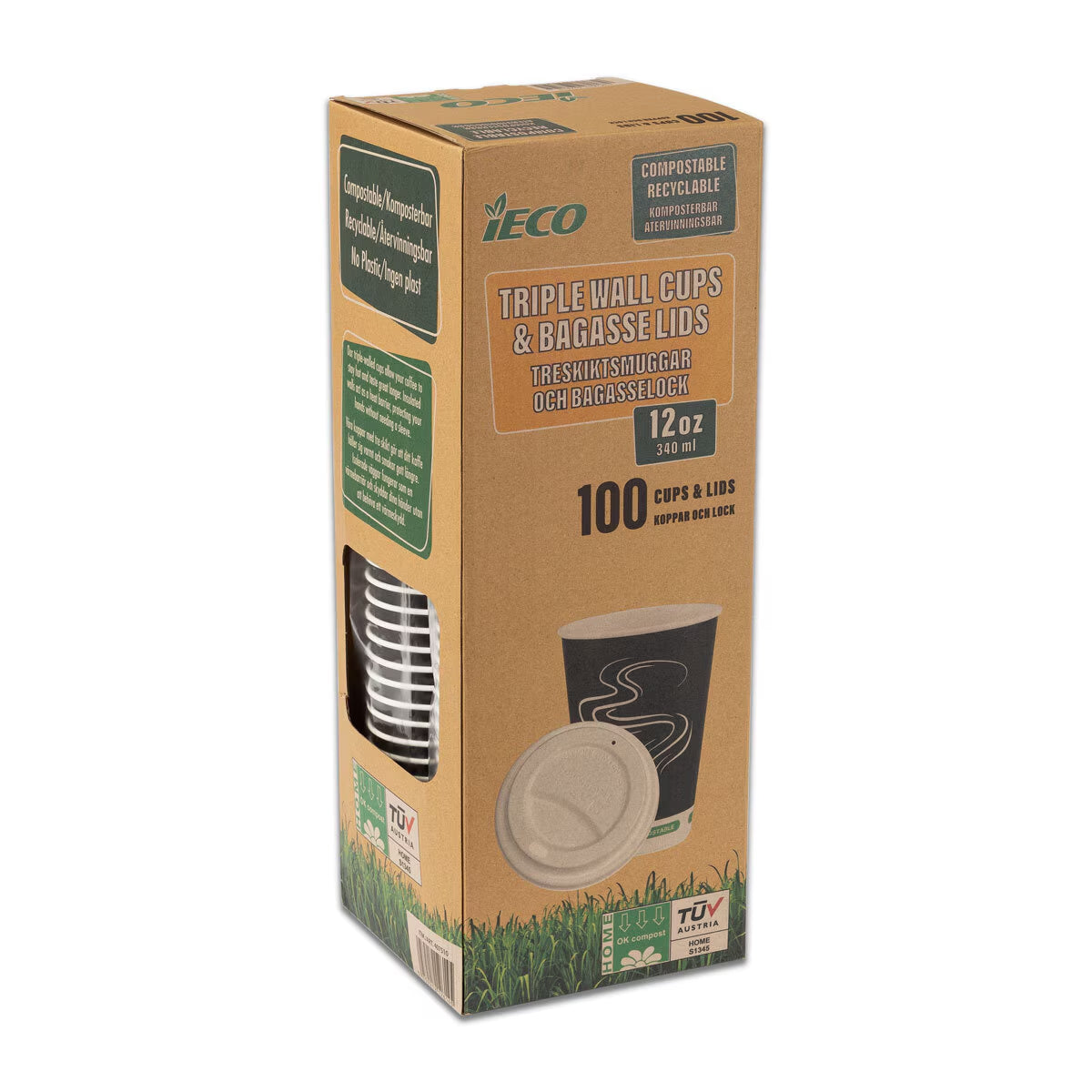 Ieco Recyclable Triple Wall Hot Cups & Lids, 12Oz, 100 Pack