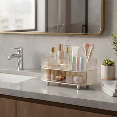 Skincare Cosmetic Drawer Organizer with Tray and Clear Compartment, Multi-Function Makeup Storage for Bathroom Vanity Countertop Featuring Lipstick Jewelry and Nail Care