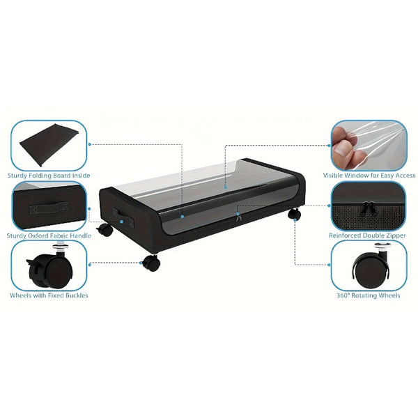 2 sets Underbed Storage Box, Underbed Storage Box with Wheels Lid, 96L Metal Frame, Bed Box, Organiser, Storage Bag, Foldable Underbed Box for Clothes, Shoes, Blankets, Bedding, Black, Under-Bed Storage