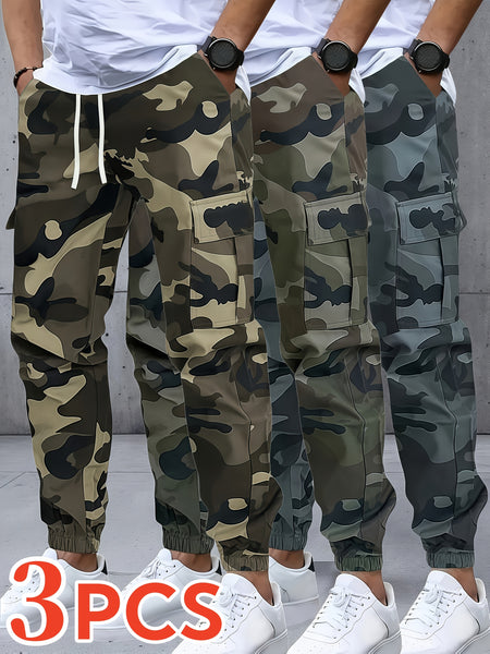 Men's Three-pc Cargo Pants, Solid Color Multi-Pocket Casual Outdoor Sports Trousers, Suitable for Spring, Summer, and Autumn