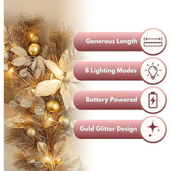 Marco Paul 9ft Luxury Gold Glitter Pre Lit Christmas Garland with Cool & Warm White LED Lights - Battery Powered Winter Garland with 8 Light Modes - Indoor Christmas Decorations for Fireplace & Stairs