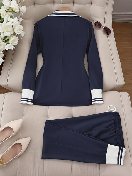 Fashionable Elegant Solid Color Casual Street Striped Suit and Pants Set