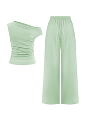 KatchMe Women's 2-Piece Outfit - Sloping Shoulder Top & Wide Leg Pants Set, Shirred Detail Matching Coord, Minimalist Solid Color Two Piece