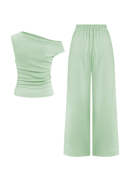 KatchMe Women's 2-Piece Outfit - Sloping Shoulder Top & Wide Leg Pants Set, Shirred Detail Matching Coord, Minimalist Solid Color Two Piece