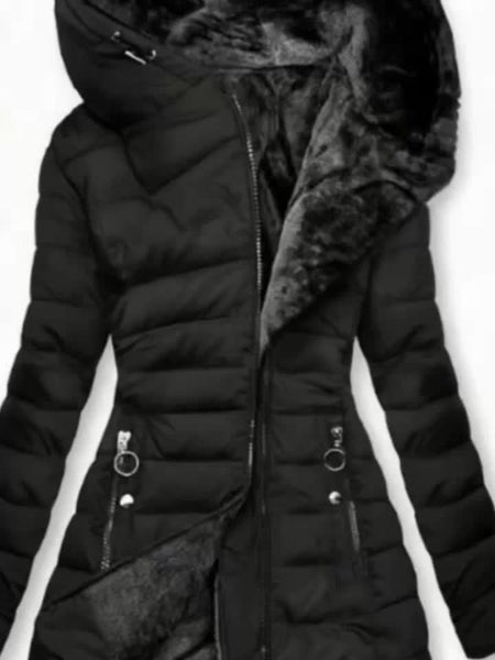 Women's Winter Fleece-Lined Hooded Jacket - Mid-Length Relaxed Fit Coat with Zipper Front, Long Sleeve Casual Outerwear for Cold Weather