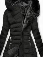 Women's Winter Fleece-Lined Hooded Jacket - Mid-Length Relaxed Fit Coat with Zipper Front, Long Sleeve Casual Outerwear for Cold Weather