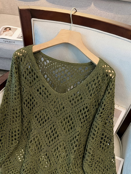 Plus Size - Plus Size - Plus Size Women'S Cashew Flower Loose Temperament Hollow Round Neck Pullover Long Sleeve Sweater