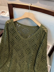 Plus Size - Plus Size - Plus Size Women'S Cashew Flower Loose Temperament Hollow Round Neck Pullover Long Sleeve Sweater
