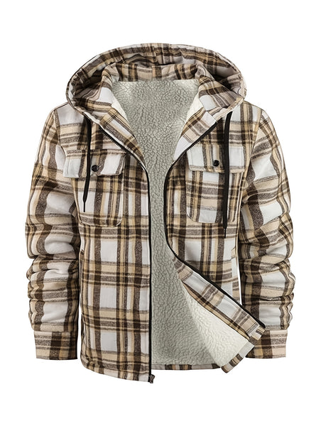 Men's Full-Zip Winter Sports Plaid Hoodie with Sherpa Lining, Warm Hooded Jacket