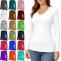 Ladies Womens V Neck Long Sleeve Plain Slim Fit Basic Top Stretchy T-Shirt 8-26