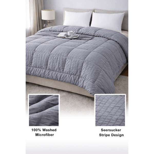 Luxury Washed Microfibre Seersucker Comforter Duvet Quilt – Soft & Lightweight All Season Bedding – White & Grey – Single, Double & King Size