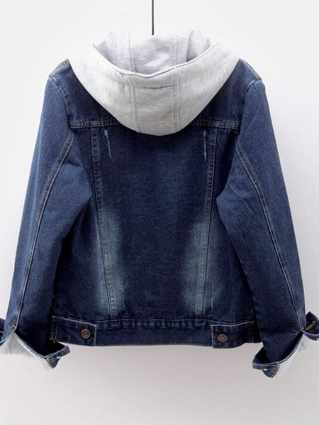 Women's denim hooded winter jacket with pockets - Warm panel design, detachable hood, casual autumn/ winter jacket, comfortable for outdoor wear, Women's winter denim, Cold Weather Wear, Seasonal Fashion, Retro Style, Quality Stitching, Casual Attire