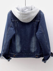 Women's denim hooded winter jacket with pockets - Warm panel design, detachable hood, casual autumn/ winter jacket, comfortable for outdoor wear, Women's winter denim, Cold Weather Wear, Seasonal Fashion, Retro Style, Quality Stitching, Casual Attire