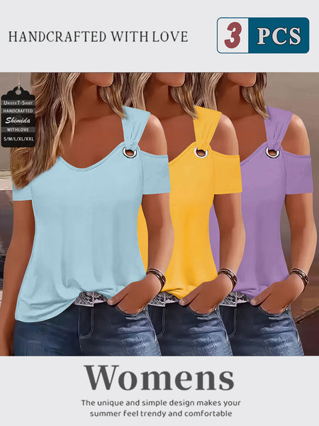Three-Piece Summer Off-Shoulder Short-Sleeve T-Shirt, Casual Loose Eyelet V-Neck Solid Color Basic Off-Shoulder Short-Sleeve Top