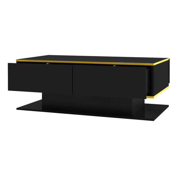Modern LED coffee table, 100cm high gloss white coffee table, with 3 drawers and RGB light strips, adjustable color/brightness, gold edge, PB board material, suitable for living room, bedroom, lounge, studio - with a load-bearing capacity of 50kg and spac
