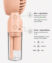 Portable USB Rechargeable Mist Fan with Adjustable Speeds, Humidifier, and LED Light – Compact and Stylish Handheld Fan for Personal Cooling