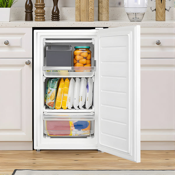 COMFEE' 60 Litre Freestanding Under Counter Freezer with 4-Star Freezer Drawer - Reversible Door & Precision Thermostat Control - Ideal Compact Storage for Small Kitchens (Energy E, White)