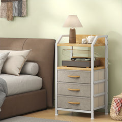 Industrial Rustic End Table with Storage - Nightstand with 3 Fabric Drawers & 2 Shelves, Wood & Metal Bedside Table Suitable for Bedroom, Living Room, Small Spaces - Assembly, Space-Saving