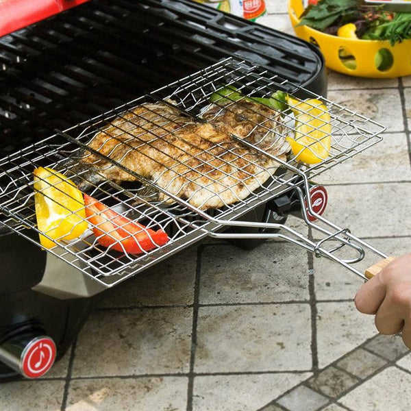 1pc Heavy-Duty Metal Barbecue Mesh Clip | Commercial Barbecue Grill, Square Burger Clip, 32cm Handle, Suitable for Courtyard Gatherings and Barbecues, 33.5 X 20cm