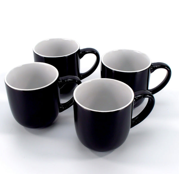 Set of 4 Black Gloss Tea & Coffee Mugs – 350ml Ceramic Cups Kitchenware