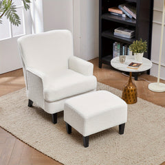 White Teddy Fabric Lounge Chair with Ottoman - 69x58x85.5cm Plush Armchair, Sponge Cushion & Plywood Frame, for Living Room/Bedroom (Black Wooden Legs)
