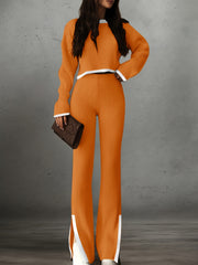 Women'S Short Color-Blocked Long-Sleeve Top with Solid Color Pants, a Casual And Stylish Outfit for Christmas